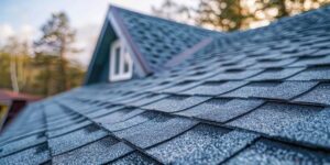 A building inspector checking the roof structure and materials on a residential house.