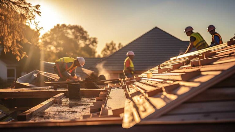 Roofing materials, underlayment, and inspection labels arranged beside a residential roof section.